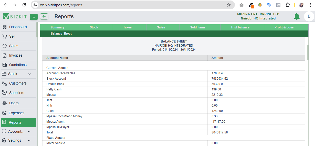 BizKit Balance Sheet in POS in Kenya