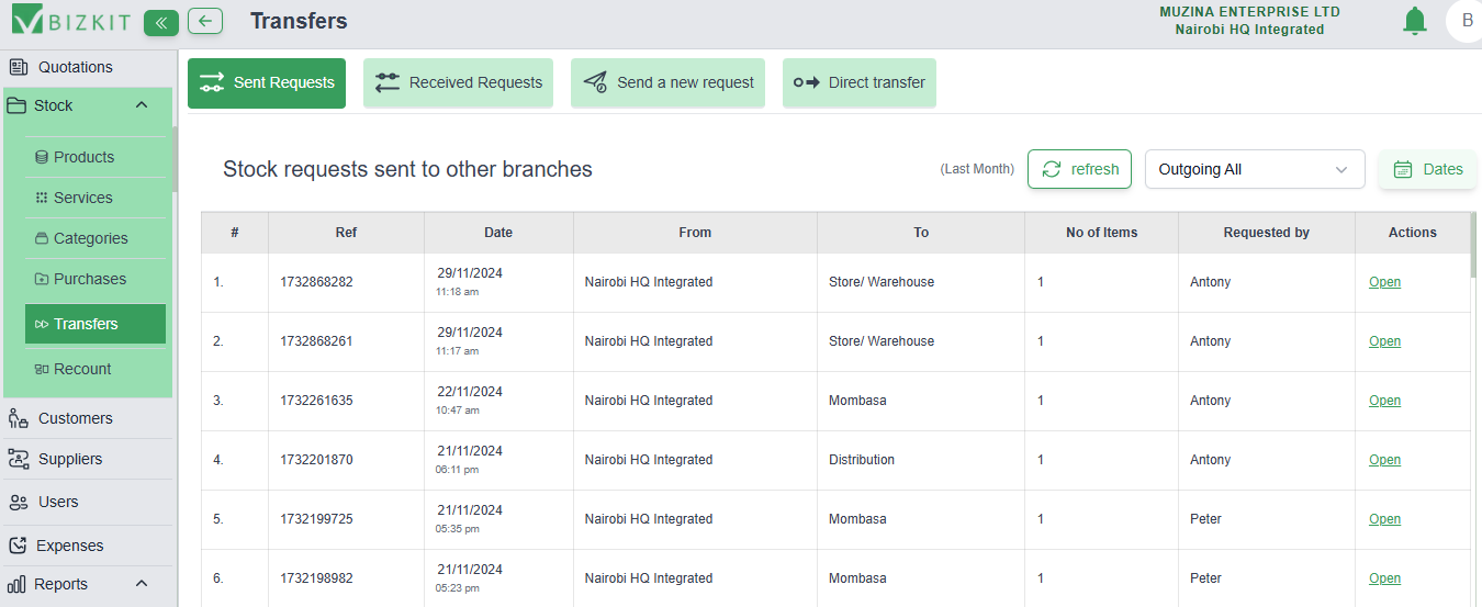 point of sale system with inventory transfers